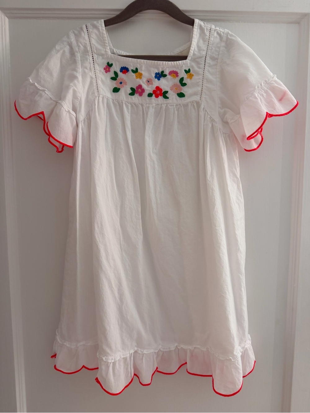 Mini Boden White Summer Dress with Multicolor Floral Embroidery and Red Trim 6/7